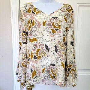 Kenar Women's Blouse V Neck Bell Sleeve Ivory Gold Pink Floral Career Size Small
